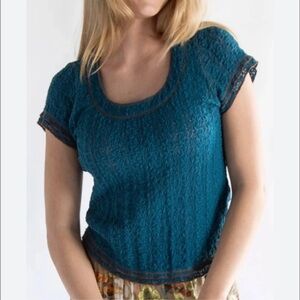 Natural Life Ashley Lace Top Blue Sz Large Forest Fairy Semi Sheer Cottagecore